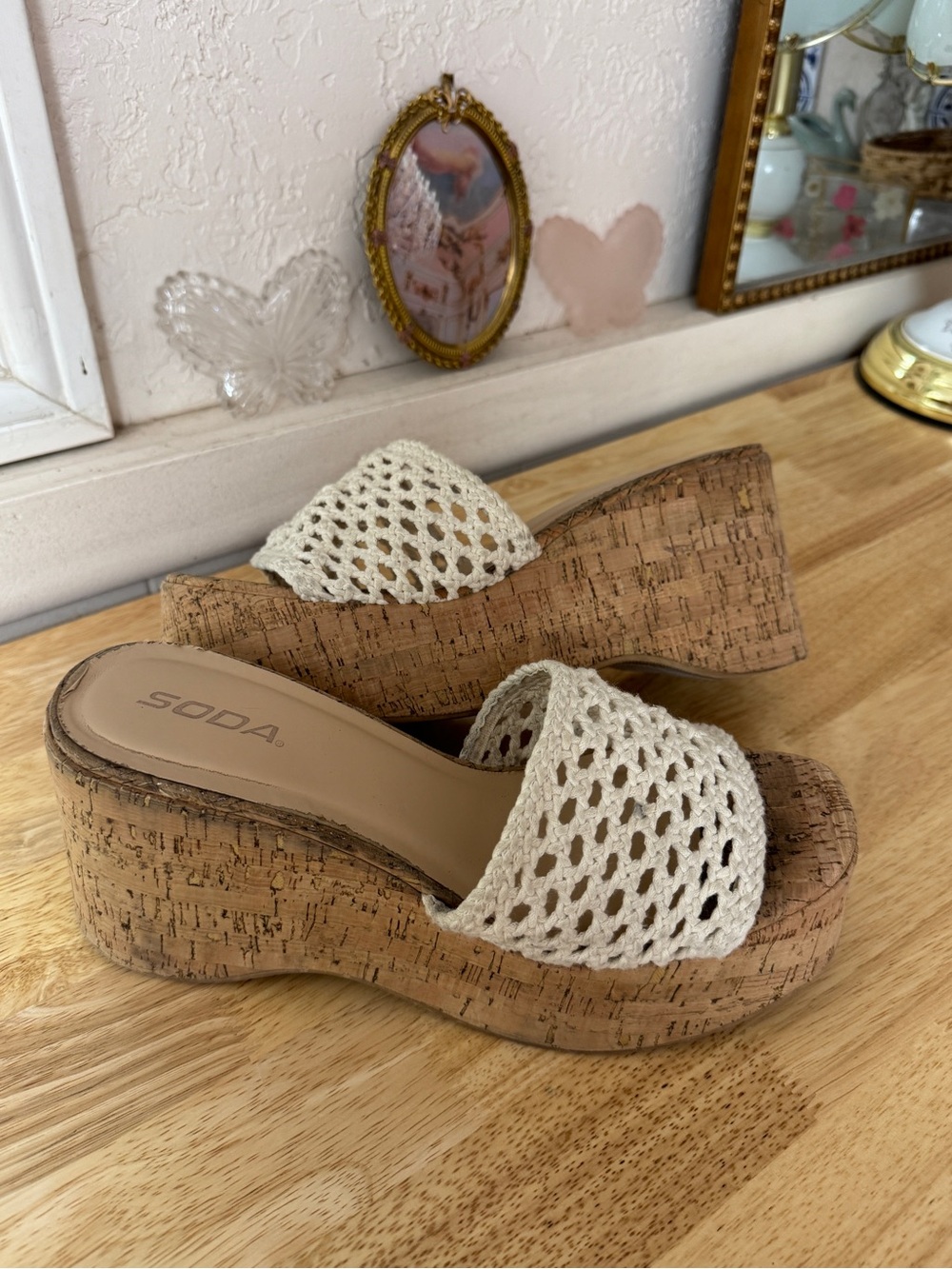 Soda Crochet Cork Platform Slide Sandals Size 9-9.5 Y2K Wedge Mules